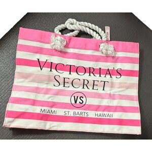 Victoria Secret Pink & White Striped Beach Tote Bag VS Miami St Barts Hawaii NWT